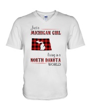 MICHIGAN GIRL LIVING IN NORTH DAKOTA WORLD V-Neck T-Shirt tile