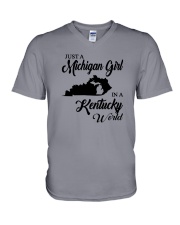 JUST A MICHIGAN GIRL IN A KENTUCKY WORLD V-Neck T-Shirt thumbnail