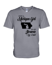 JUST A MICHIGAN GIRL IN AN IOWA WORLD V-Neck T-Shirt thumbnail