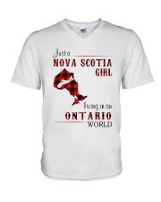 NOVA SCOTIA GIRL LIVING IN ONTARIO WORLD V-Neck T-Shirt tile