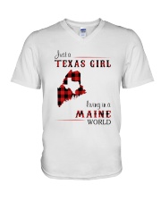 TEXAS GIRL LIVING IN MAINE WORLD V-Neck T-Shirt tile