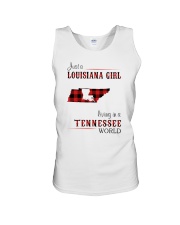 LOUISIANA GIRL LIVING IN TENNESSEE WORLD Unisex Tank tile