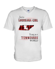 LOUISIANA GIRL LIVING IN TENNESSEE WORLD V-Neck T-Shirt tile