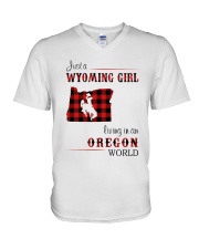 WYOMING GIRL LIVING IN OREGON WORLD V-Neck T-Shirt thumbnail