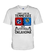 LIVE IN TENNESSEE BEGAN IN OKLAHOMA V-Neck T-Shirt tile