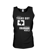 JUST A TEXAS GUY LIVING IN COLORADO WORLD Unisex Tank tile