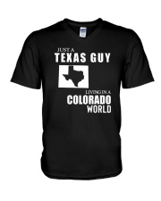 JUST A TEXAS GUY LIVING IN COLORADO WORLD V-Neck T-Shirt tile