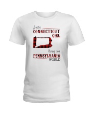 CONNECTICUT GIRL LIVING IN PENNSYLVANIA WORLD Ladies T-Shirt tile