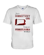CONNECTICUT GIRL LIVING IN PENNSYLVANIA WORLD V-Neck T-Shirt tile