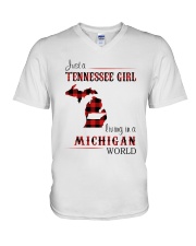 TENNESSEE GIRL LIVING IN MICHIGAN WORLD V-Neck T-Shirt tile