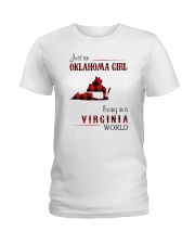 OKLAHOMA GIRL LIVING IN VIRGINIA WORLD Ladies T-Shirt tile