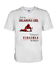 OKLAHOMA GIRL LIVING IN VIRGINIA WORLD V-Neck T-Shirt tile