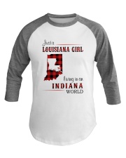 LOUISIANA GIRL LIVING IN INDIANA WORLD Baseball Tee thumbnail