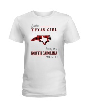 TEXAS GIRL LIVING IN NORTH CAROLINA WORLD Ladies T-Shirt tile