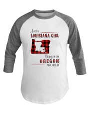 LOUISIANA GIRL LIVING IN OREGON WORLD Baseball Tee tile