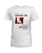 LOUISIANA GIRL LIVING IN OREGON WORLD Ladies T-Shirt tile