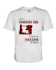 LOUISIANA GIRL LIVING IN OREGON WORLD V-Neck T-Shirt tile