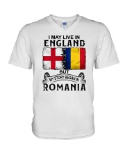 LIVE IN ENGLAND BEGAN IN ROMANIA V-Neck T-Shirt tile