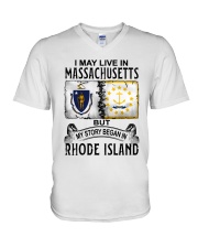 LIVE IN MASSACHUSETTS BEGAN IN RHODE ISLAND V-Neck T-Shirt tile