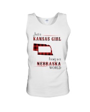 KANSAS GIRL LIVING IN NEBRASKA WORLD Unisex Tank tile