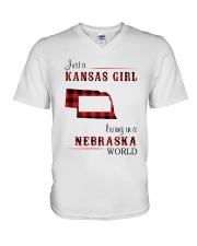 KANSAS GIRL LIVING IN NEBRASKA WORLD V-Neck T-Shirt tile