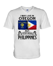 LIVE IN OREGON BEGAN IN PHILIPPINES V-Neck T-Shirt tile