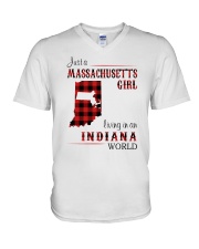 MASSACHUSETTS GIRL LIVING IN INDIANA WORLD V-Neck T-Shirt tile