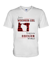 WISCONSIN GIRL LIVING IN OREGON WORLD V-Neck T-Shirt thumbnail