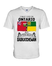 LIVE IN ONTARIO BEGAN IN SASKATCHEWAN ROOT WOMEN V-Neck T-Shirt thumbnail