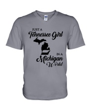JUST A TENNESSEE GIRL IN A MICHIGAN WORLD V-Neck T-Shirt thumbnail