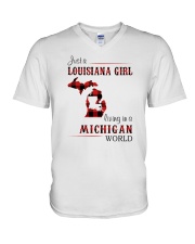 LOUISIANA GIRL LIVING IN MICHIGAN WORLD V-Neck T-Shirt thumbnail