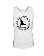 KANSAS GIRL LIVING IN IDAHO WORLD Unisex Tank tile