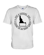 KANSAS GIRL LIVING IN IDAHO WORLD V-Neck T-Shirt tile