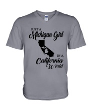 JUST A MICHIGAN GIRL IN A CALIFORNIA WORLD V-Neck T-Shirt thumbnail