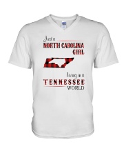 NORTH CAROLINA GIRL LIVING IN TENNESSEE WORLD V-Neck T-Shirt tile