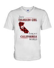COLORADO GIRL LIVING IN CALIFORNIA WORLD V-Neck T-Shirt tile