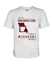 ARKANSAS GIRL LIVING IN MISSOURI WORLD V-Neck T-Shirt thumbnail
