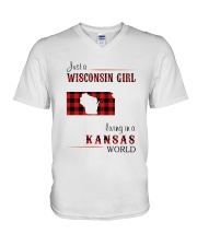 WISCONSIN GIRL LIVING IN KANSAS WORLD V-Neck T-Shirt thumbnail