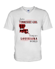 TENNESSEE GIRL LIVING IN LOUISIANA WORLD V-Neck T-Shirt tile