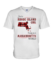 RHODE ISLAND GIRL LIVING IN MASSACHUSETTS WORLD V-Neck T-Shirt tile