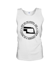 OKLAHOMA GIRL LIVING IN NEBRASKA WORLD Unisex Tank tile