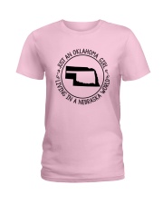 OKLAHOMA GIRL LIVING IN NEBRASKA WORLD Ladies T-Shirt front