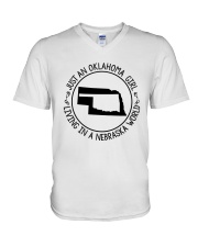 OKLAHOMA GIRL LIVING IN NEBRASKA WORLD V-Neck T-Shirt tile