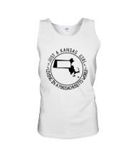 KANSAS GIRL LIVING IN MASSACHUSETTS WORLD Unisex Tank tile