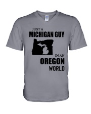 JUST A MICHIGAN GUY IN AN OREGON WORLD V-Neck T-Shirt thumbnail