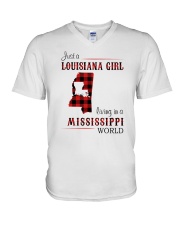 LOUISIANA GIRL LIVING IN MISSISSIPPI WORLD V-Neck T-Shirt tile
