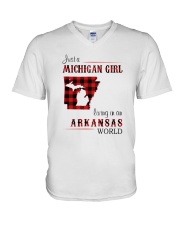 MICHIGAN GIRL LIVING IN ARKANSAS WORLD V-Neck T-Shirt thumbnail
