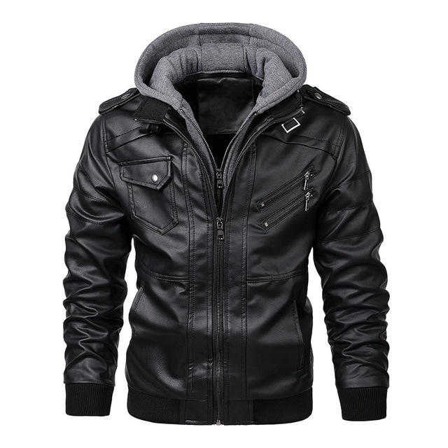 Men's Motorcycle Leather Jacket Windbreaker Hooded Jackets Male Outwear Warm Biker PU Jackets EU Size 3XL template