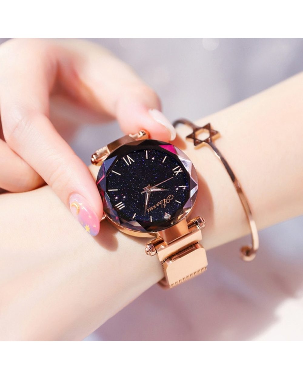 Watch for Women Elegant Magnet Quartz Women watch Buckle Starry Sky Roman Numeral Lady Wristwatch Gift template