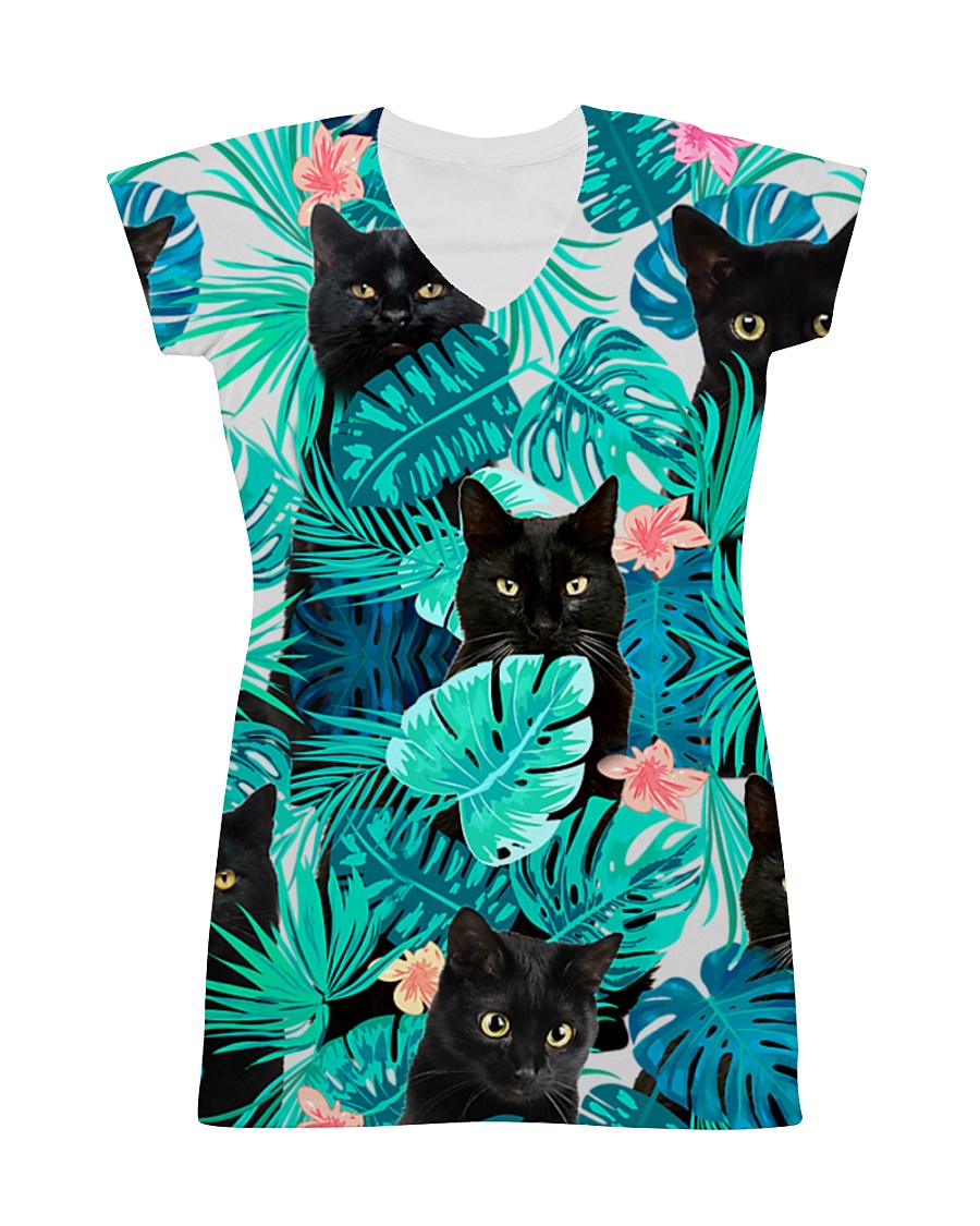 Cat Tropical Flowers Halloween All-over Dress